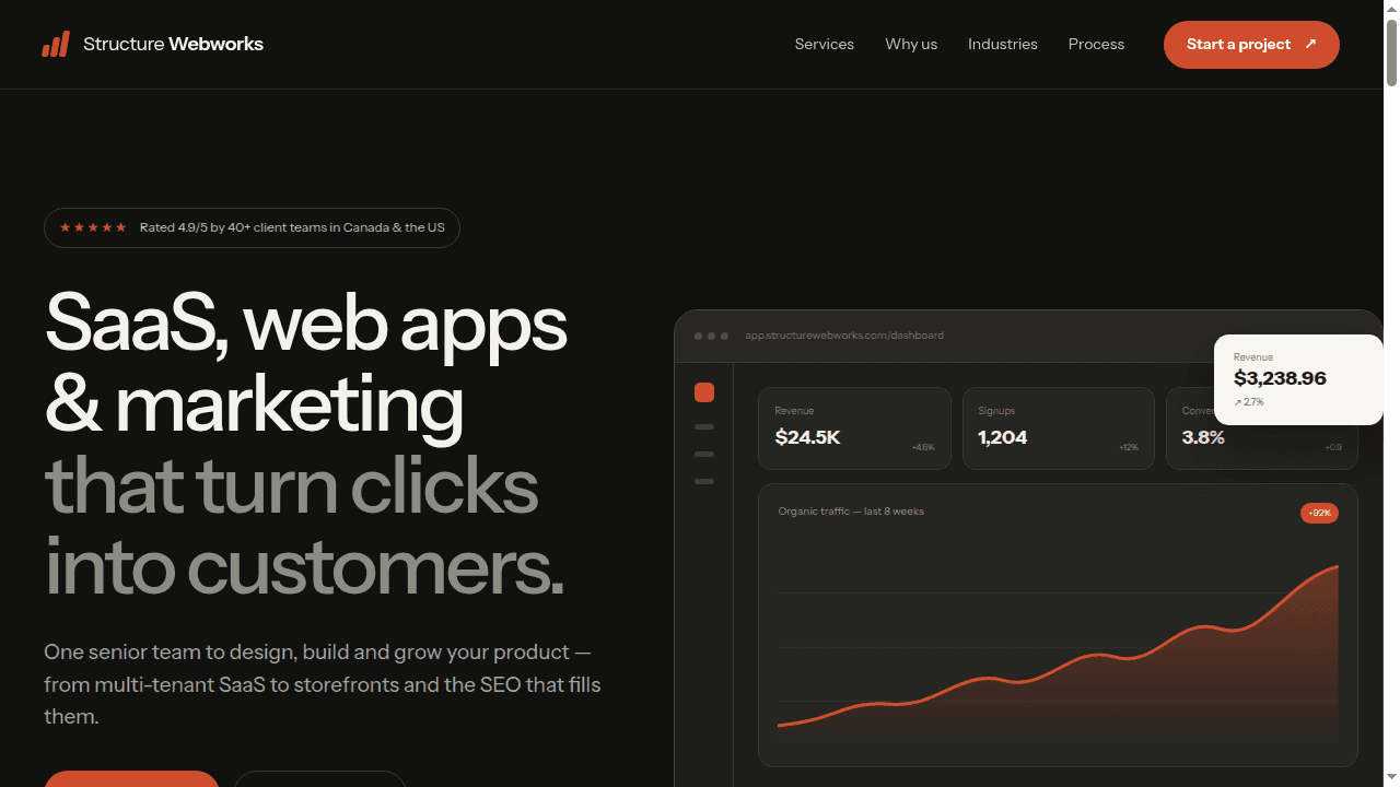 Desktop view of the Structure Webworks front-end study showing the hero and product analytics interface
