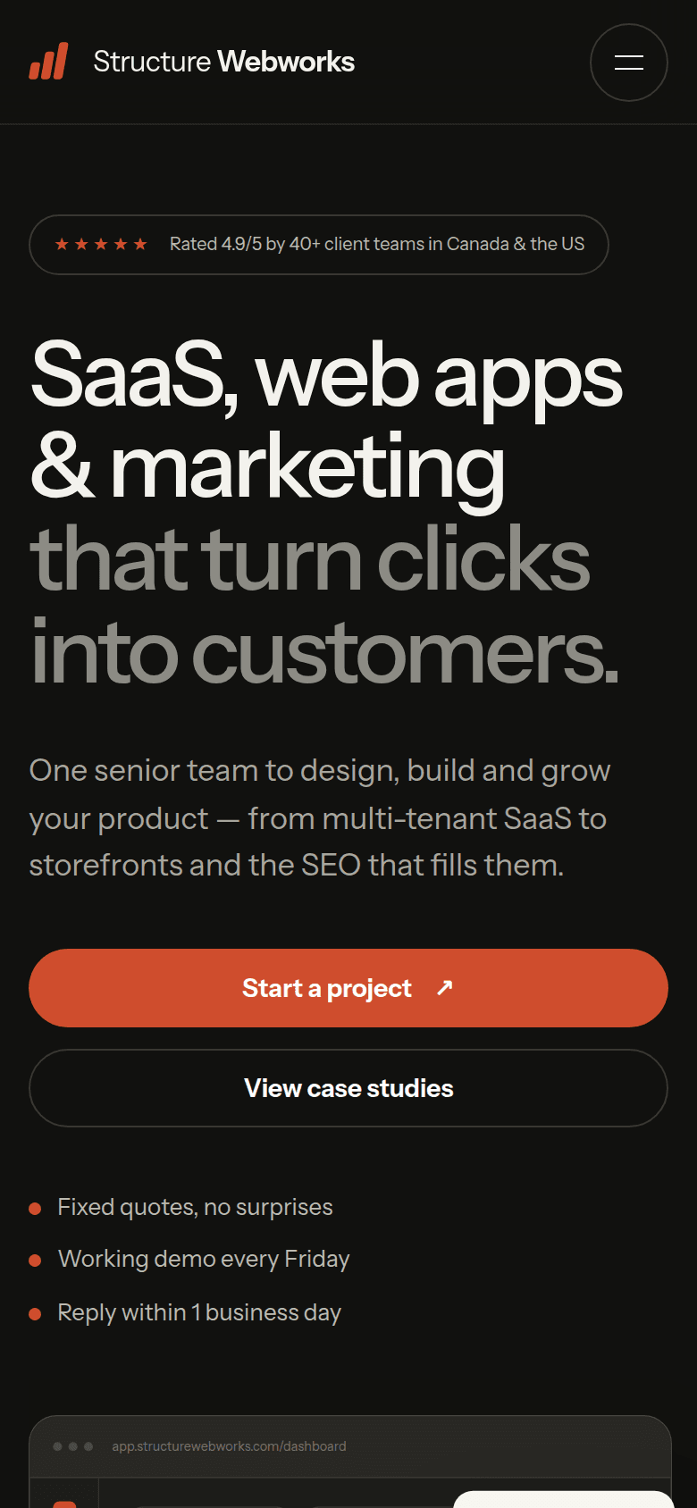 Mobile view of the Structure Webworks front-end study at a 390 pixel viewport